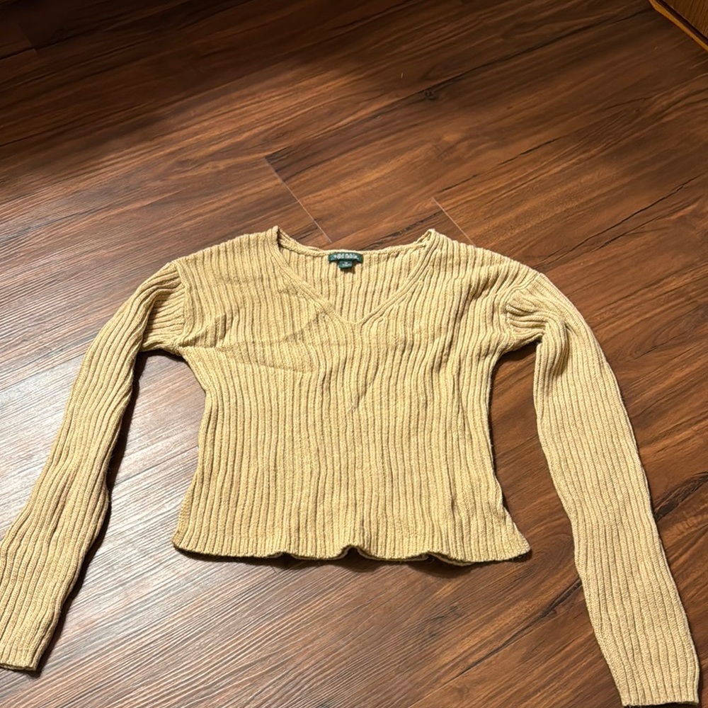 Wild Fable Ribbed V-Neck Long Sleeve Top - Tan
